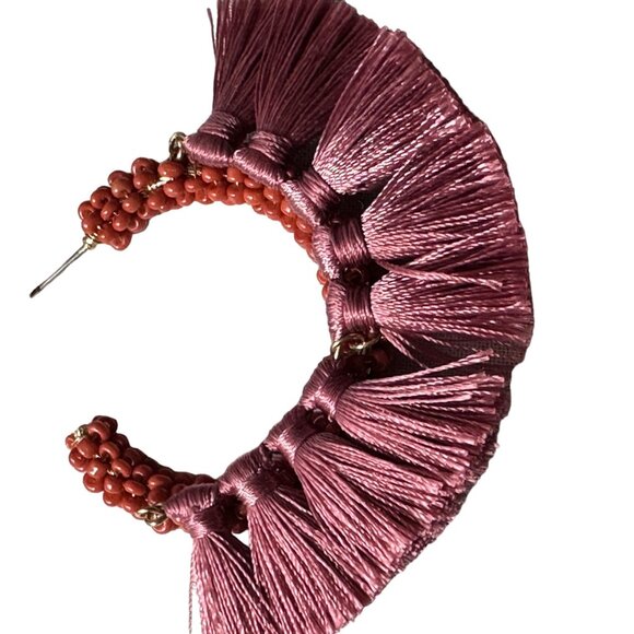 Mauve Pink Fan Fringe Earrings Pierced Macrame Statement - Picture 2 of 5